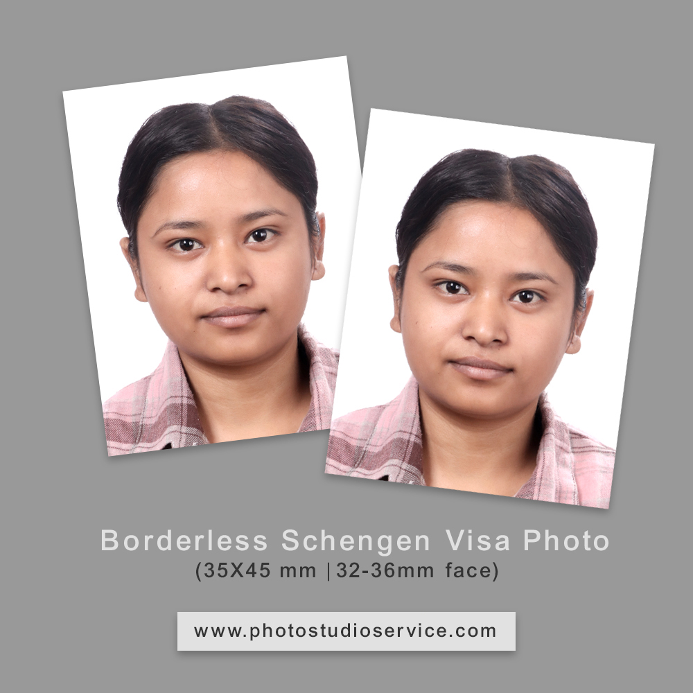 Borderless visa photo for Schengen countries in 35X45 mm photo quality paper.